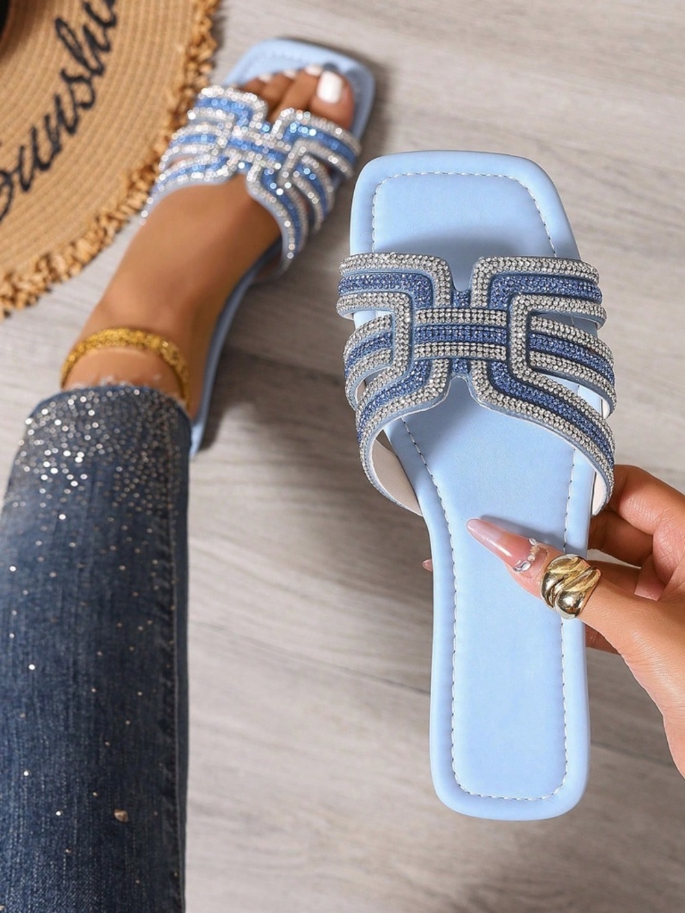 Baby Blue Glamorous Women's Crystal Embellished Luxury Flat Slide Sandals